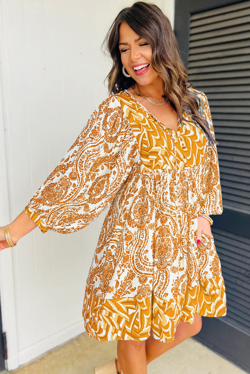 Orange Bohemian Print Puff Sleeve Tied V Neck Flared Mini Dress Beagle Boutique Fashion Outlet