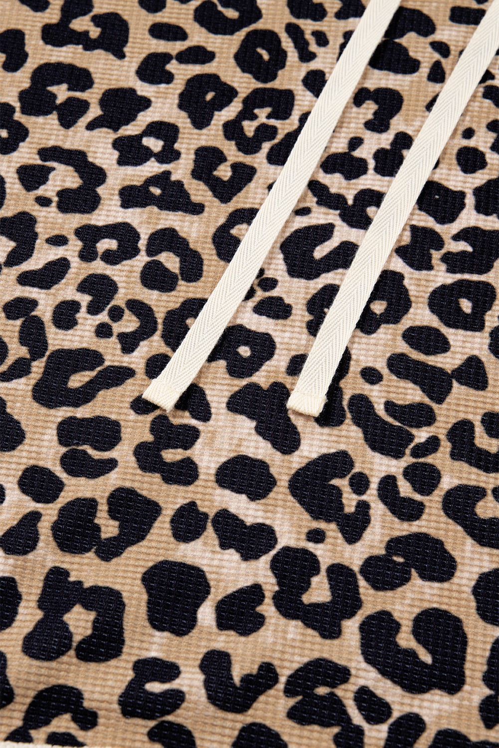 Leopard Print Waffle Contrast Kangaroo Pocket Hooded Sweatshirt - eAura