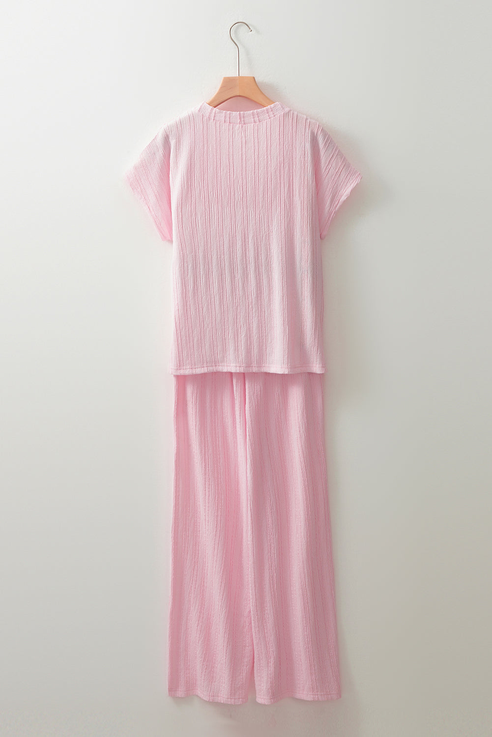 Light Pink Textured Short Sleeve Henley Top and Pocketed Wide Leg Trousers eAura