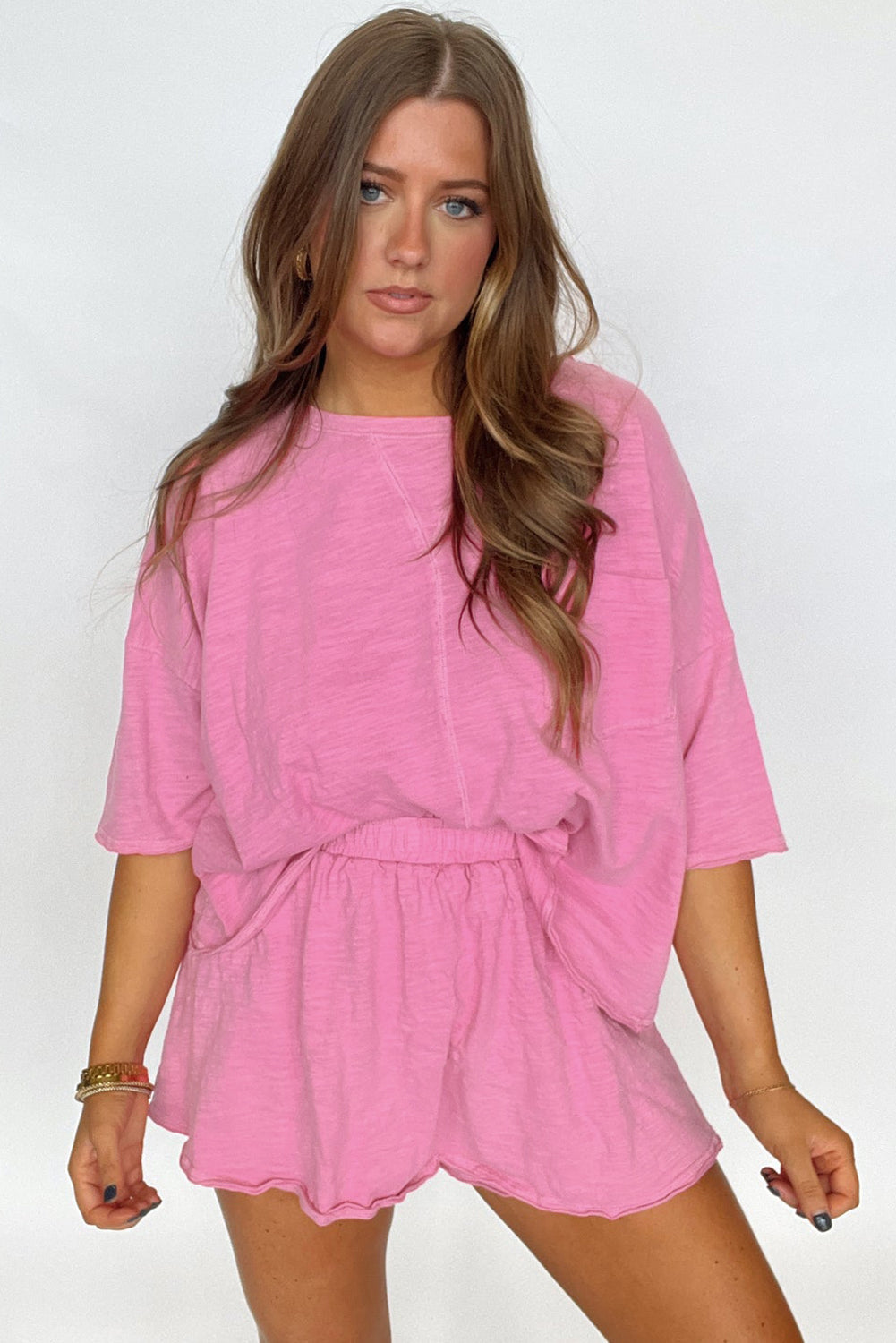 Pink Loose Fit Half Sleeve T Shirt and Skirt Set eAura
