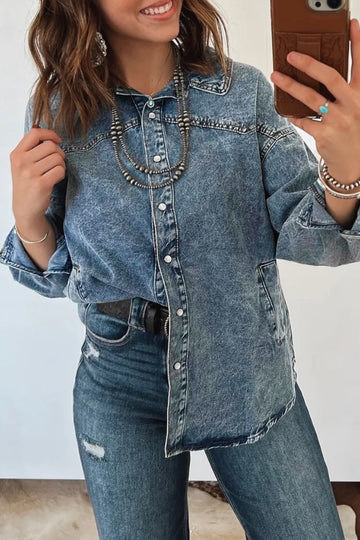 Western Long Sleeve Shirt Collar Tunic Denim Jacket – Dusk Blue