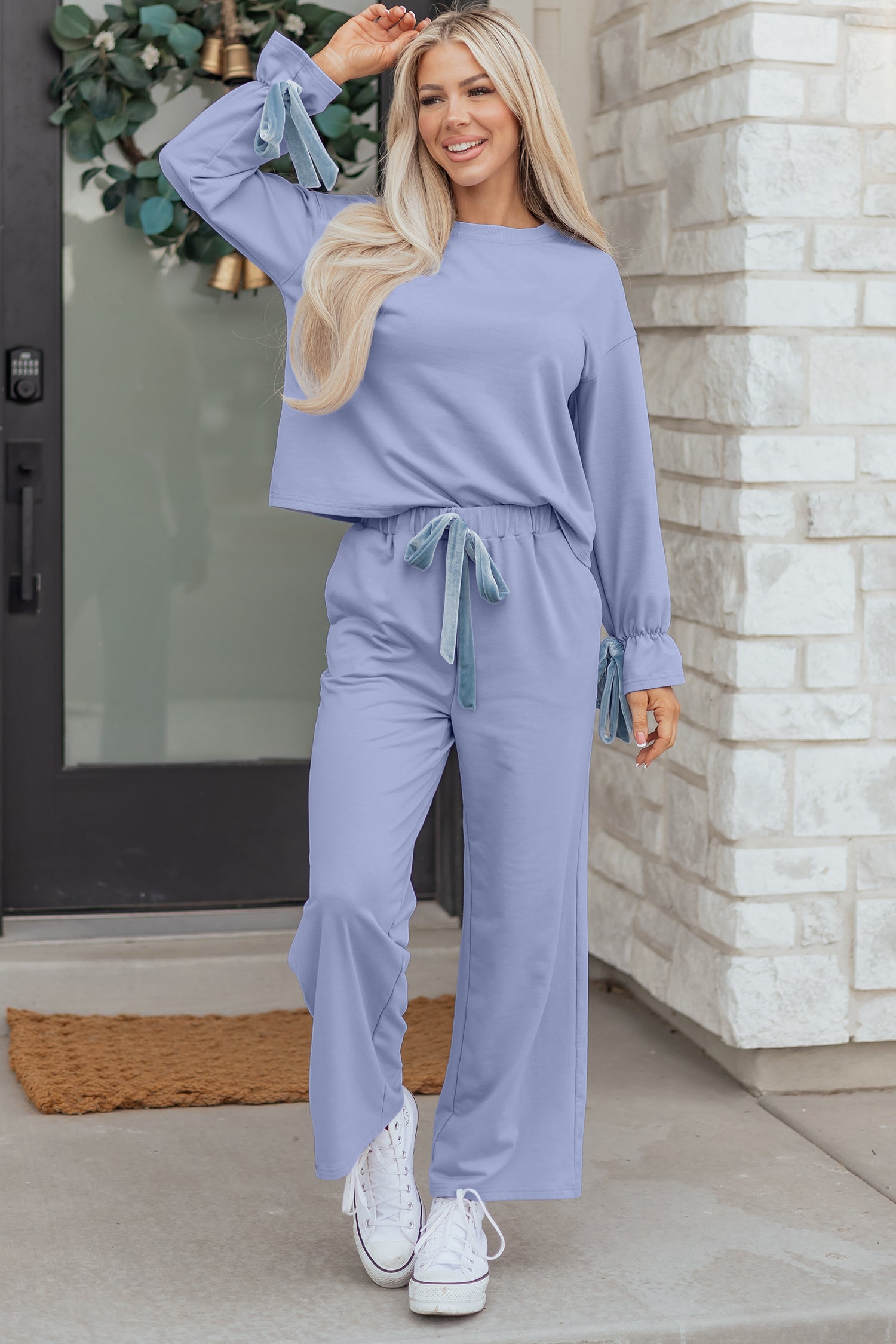 Beau Flounce Long Sleeve Top Drawstring Pants Contrast Velvet Bow Knot 2pcs Lounge Set – Blue