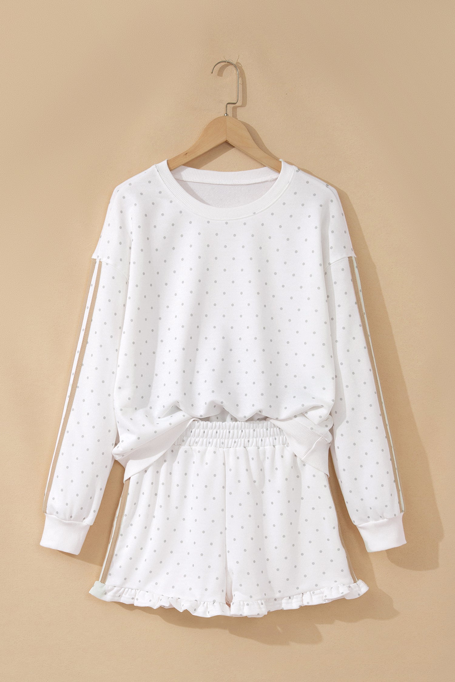 Polka Dot Print Side Stripe Detail Casual Sweatshirt 2pcs Short Set – White