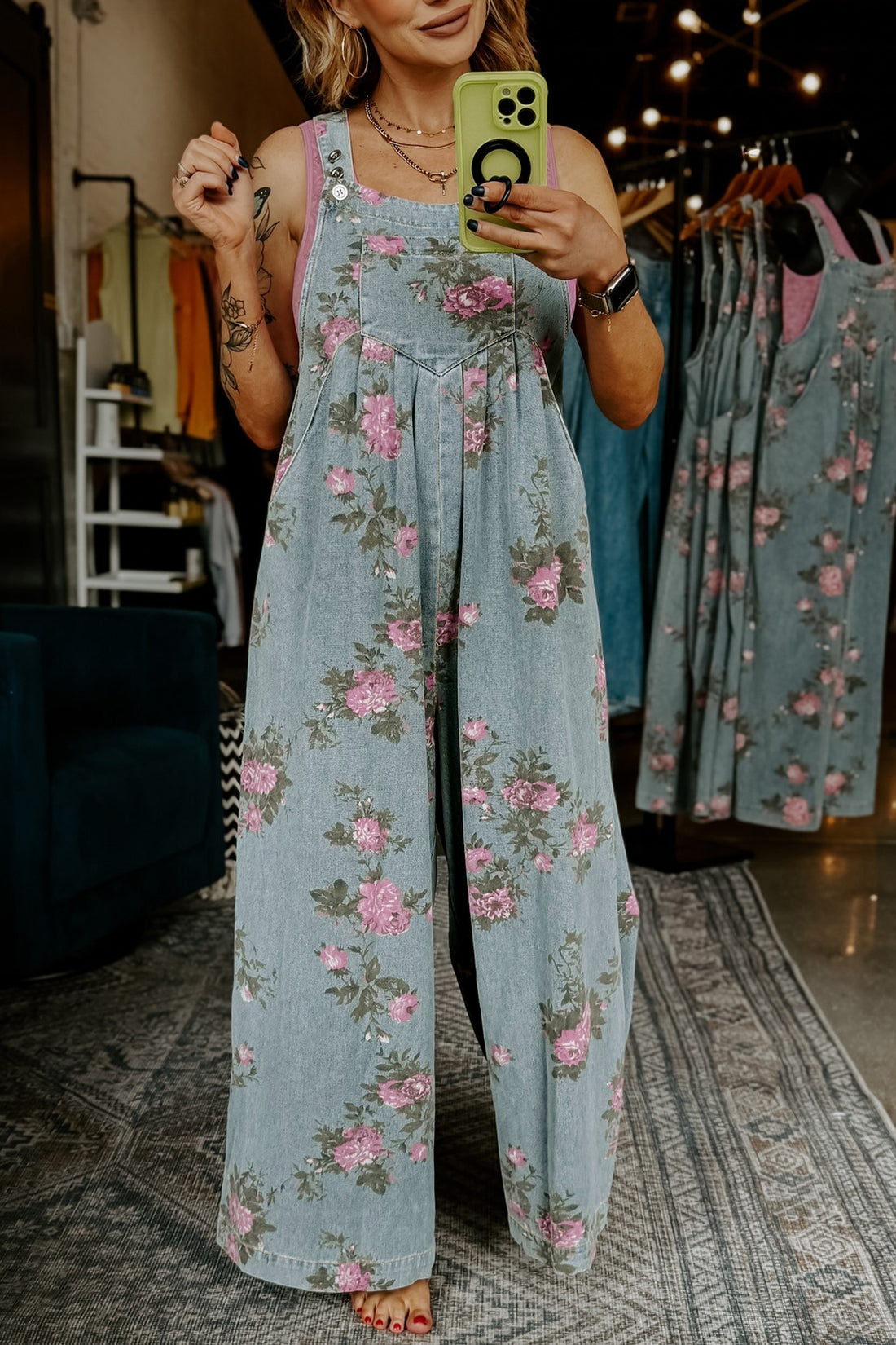 Floral Print Wide Leg Denim Dungarees Jumpsuit - Blue / L - Bottoms/Jumpsuits & Rompers