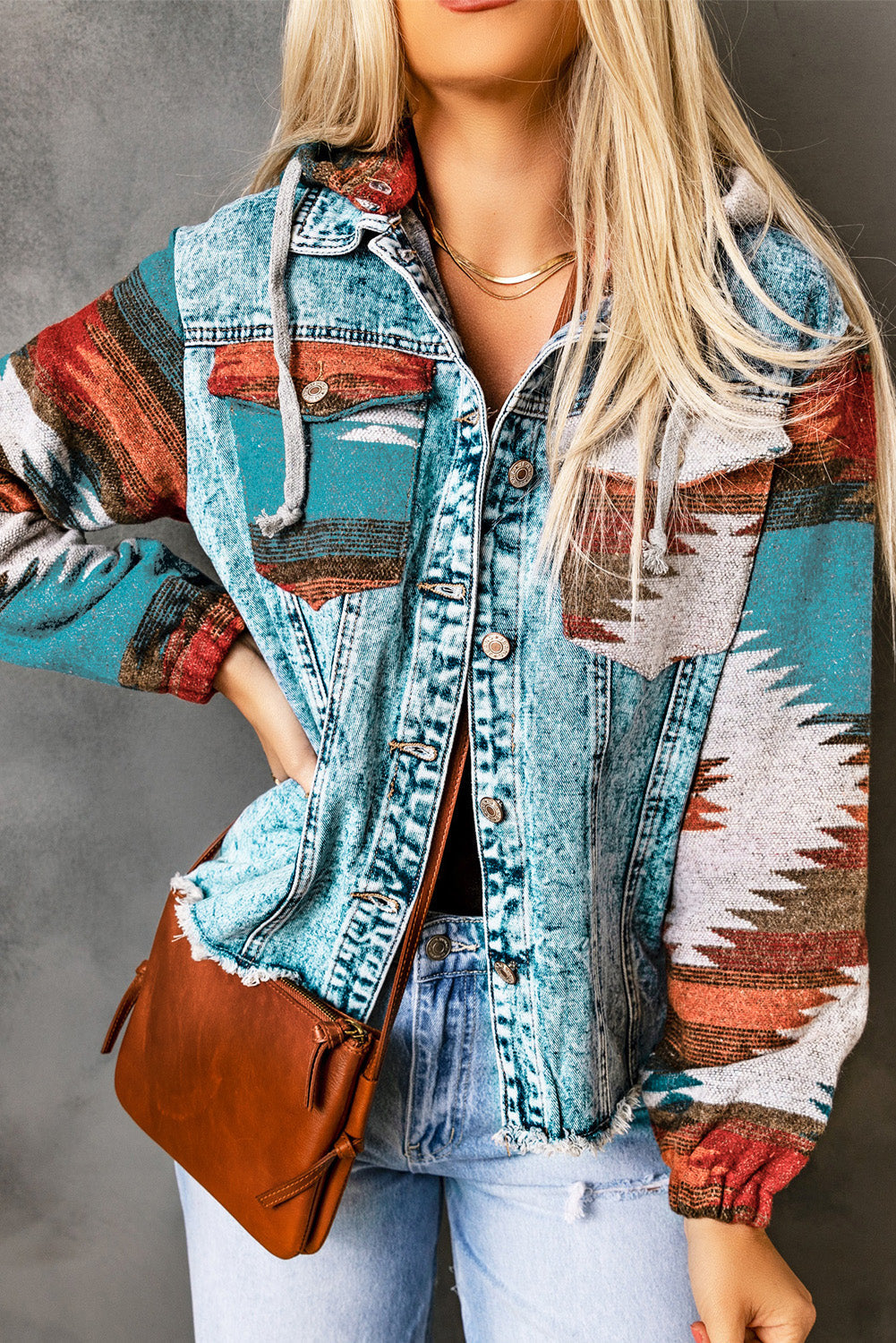 Multicolour Aztec Print Frayed Hem Denim Jacket eAura