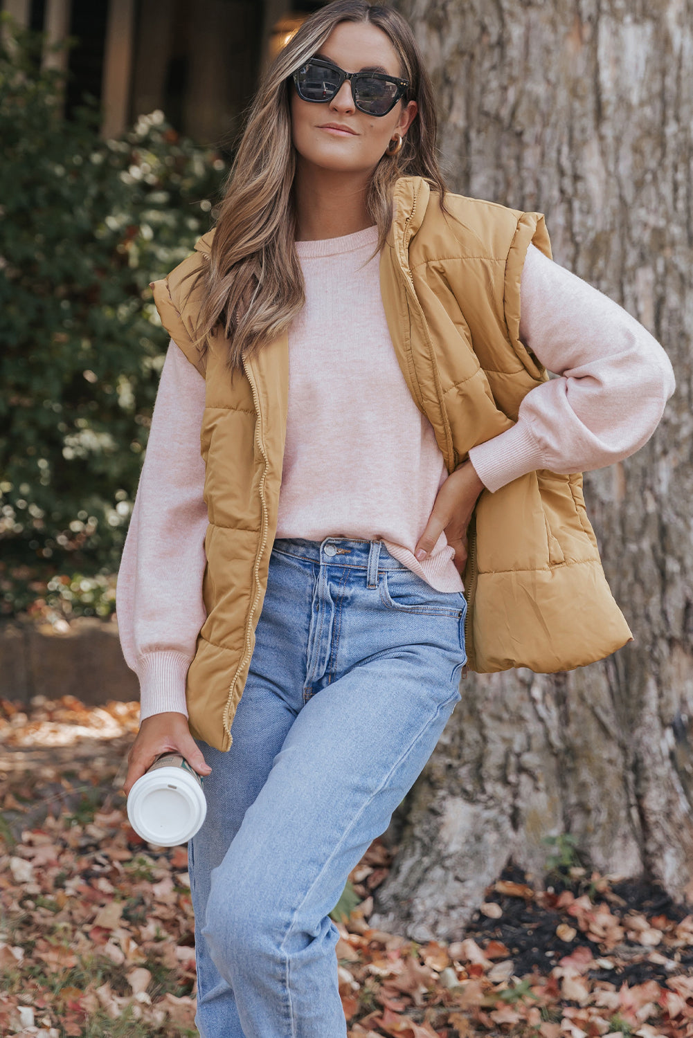 Oversized Stand Collar Zip Winter Vest – Khaki