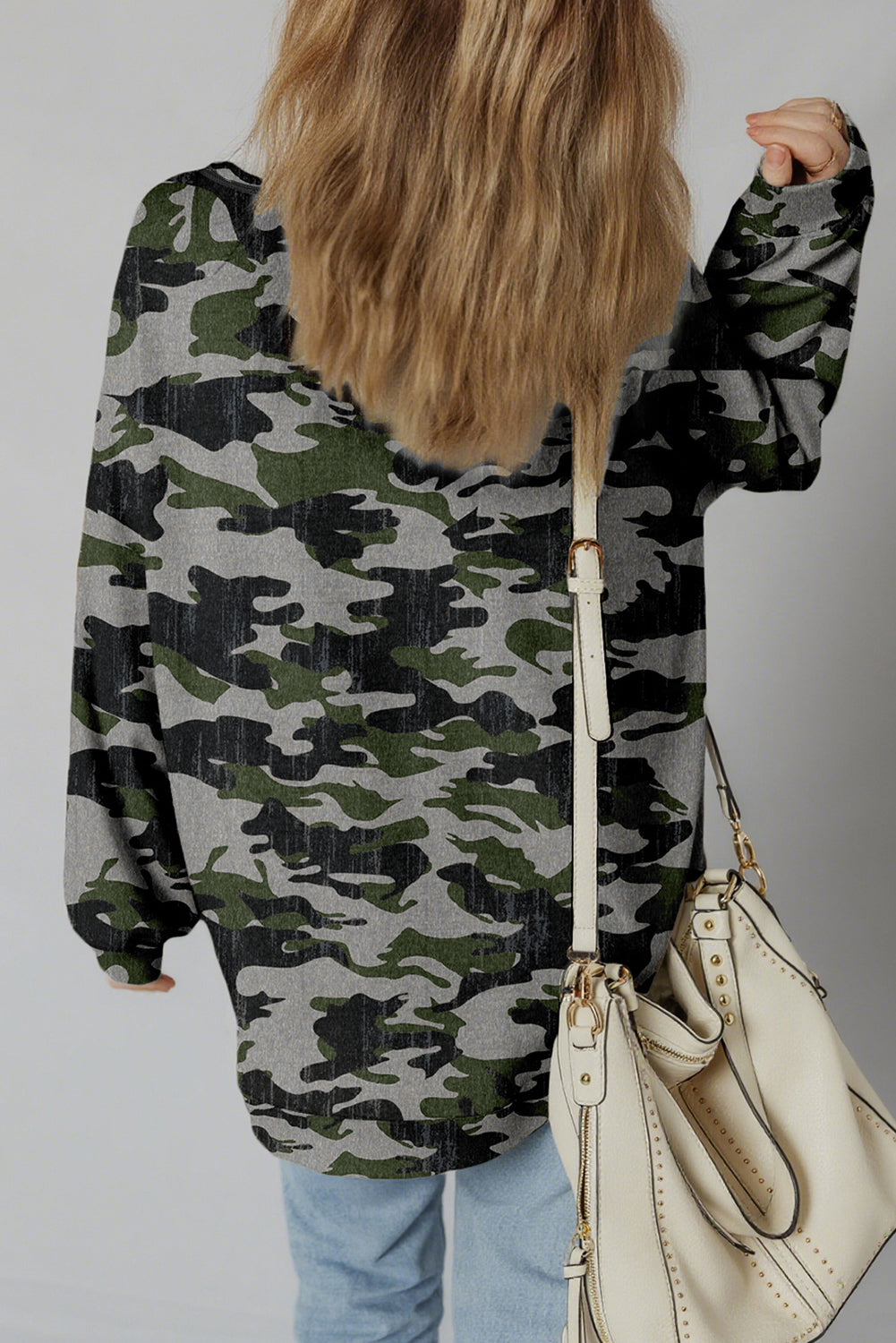 Retro Camouflage Print Exposed Seam Patchwork Drop Shoulder Sweatshirt - eAura