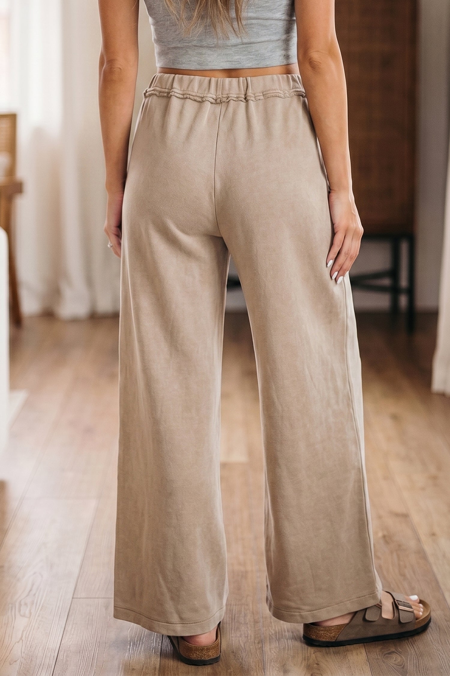 Mineral Wash Drawstring Retro High Waist Wide Leg Western Pants – Smoke Gray