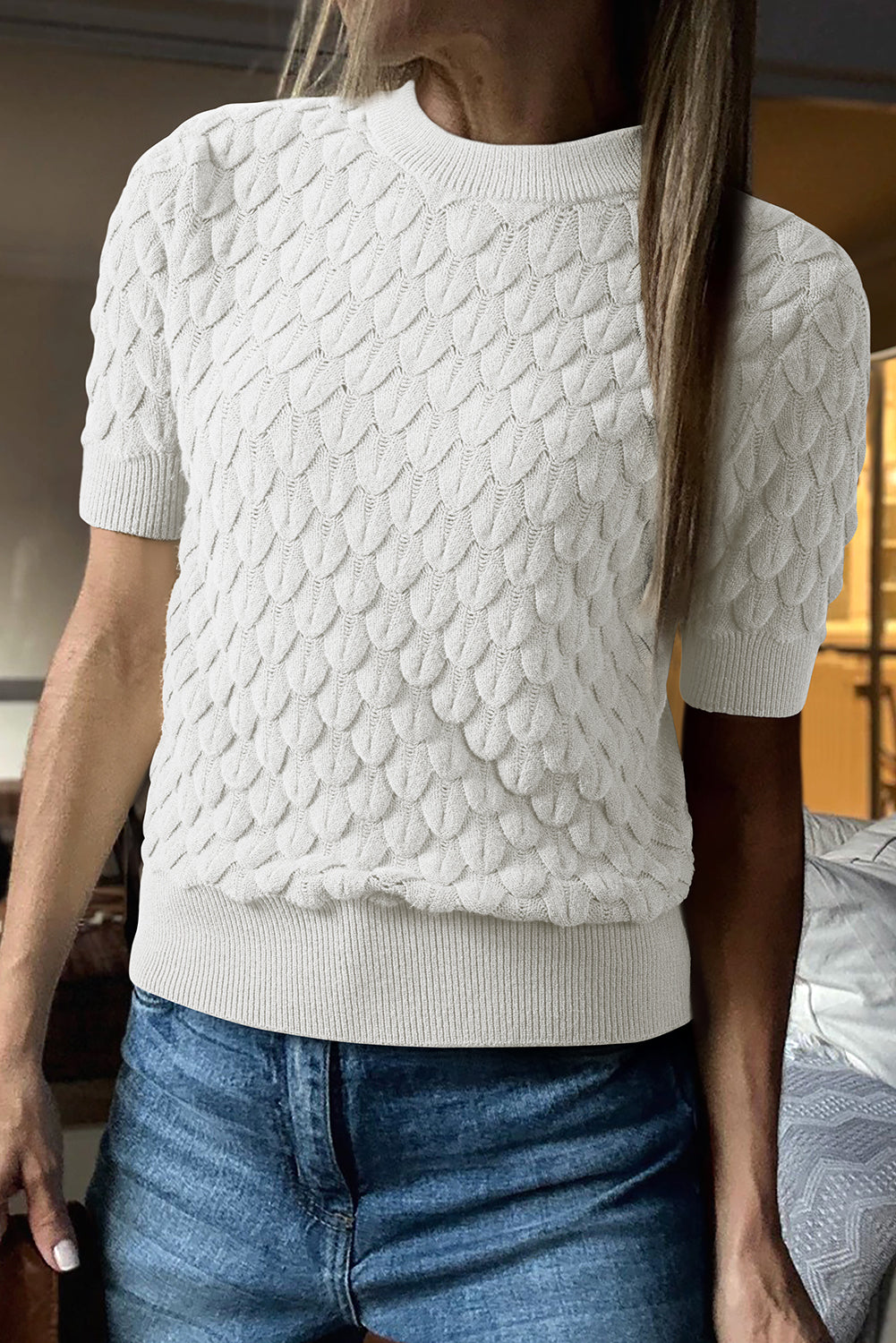 White Fish Scale Textured Knit Ribbed High Neck Short Sleeve Sweater - eAura
