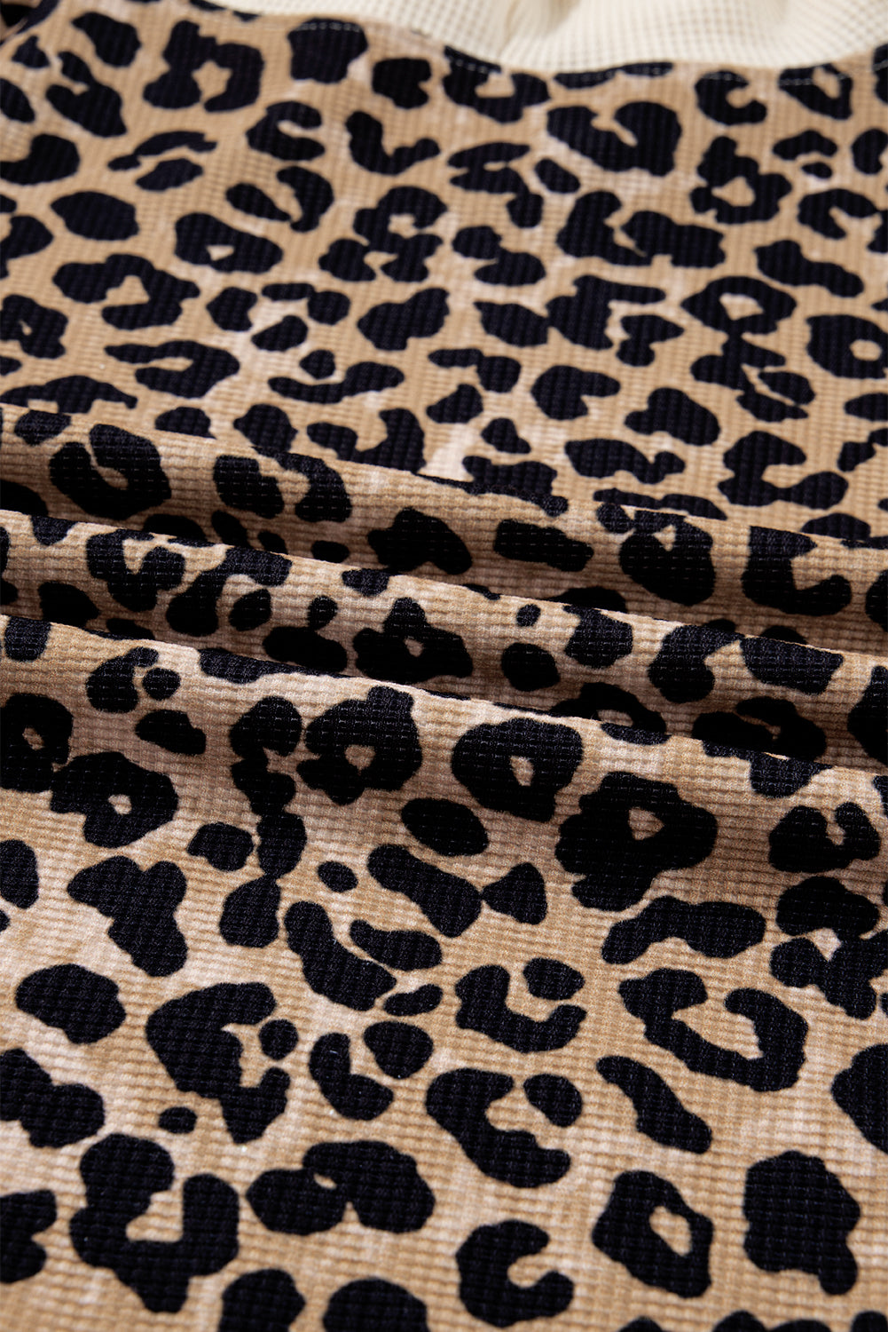 Leopard Print Waffle Contrast Kangaroo Pocket Hooded Sweatshirt - eAura