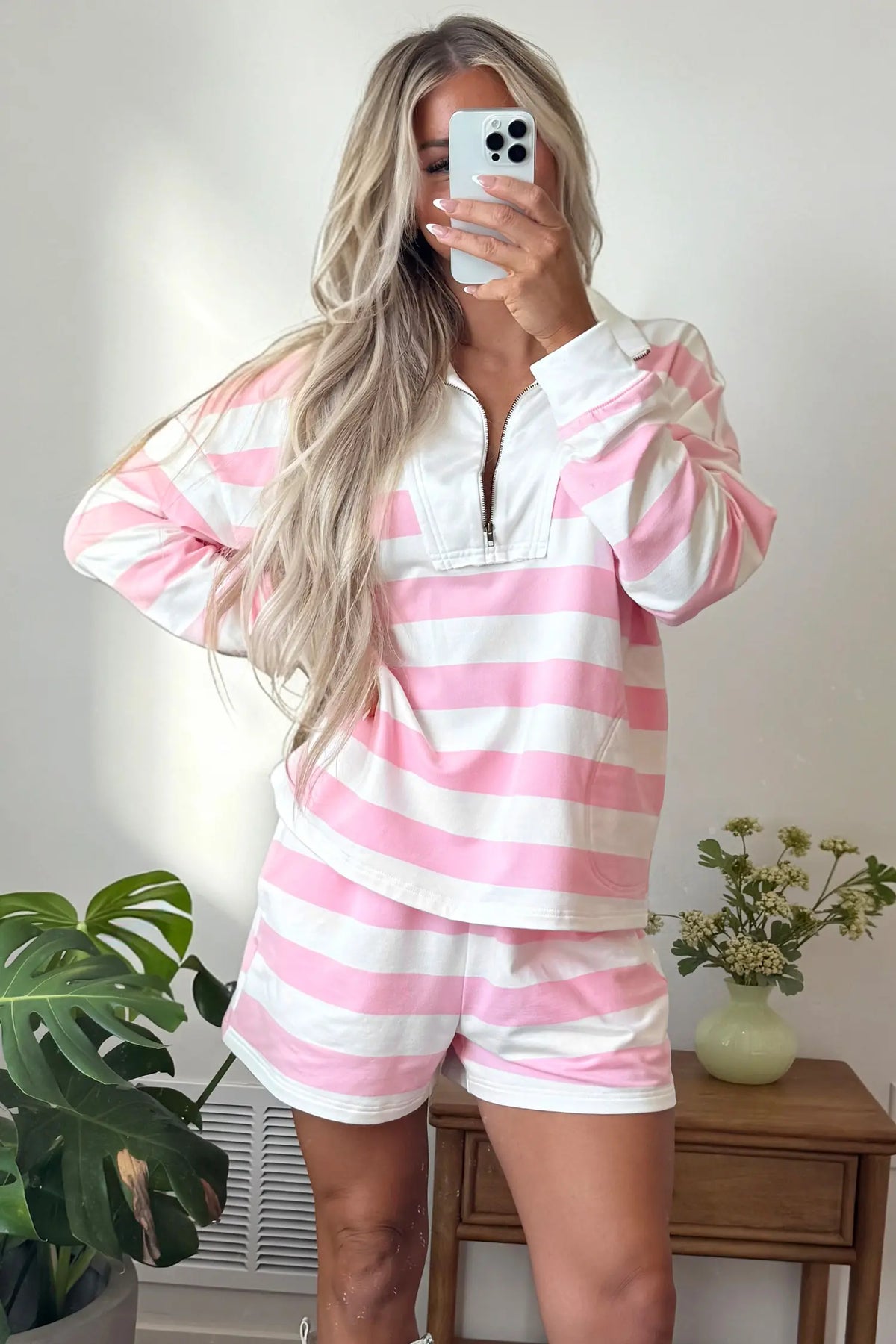 Patchwork Zipper Pullover Elastic Waist Shorts 2pcs Set – Pink Stripe