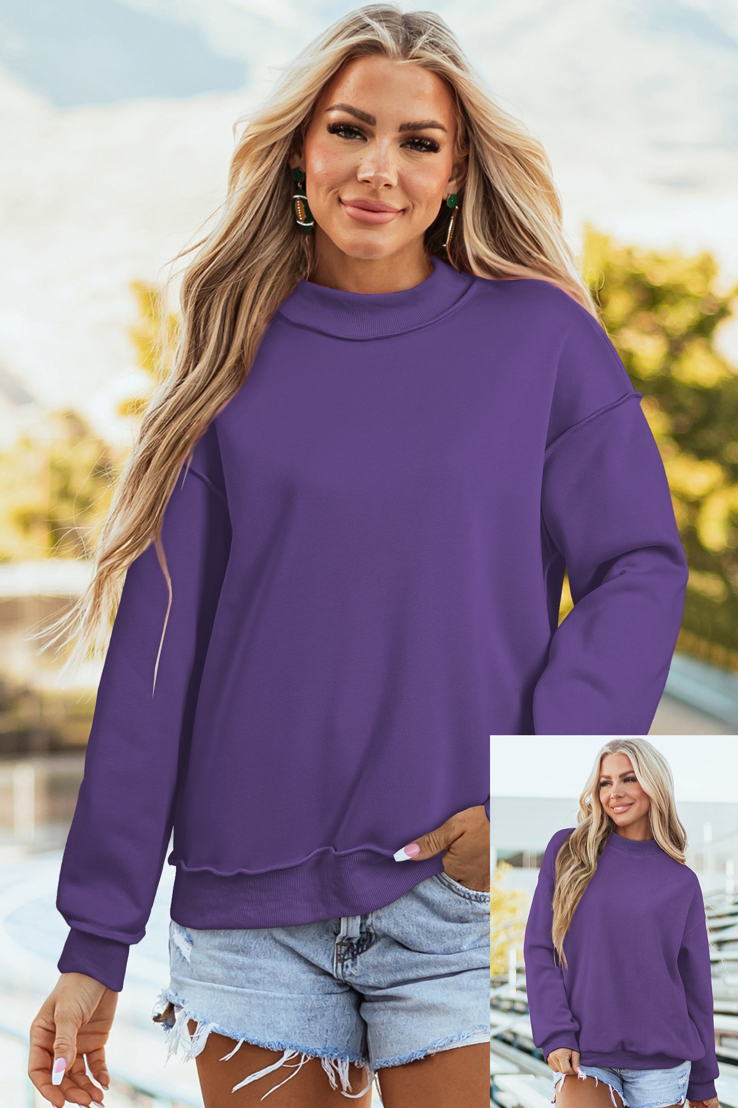 Black Oversize Drop Shoulder Reversible Mock Neck Sweatshirt