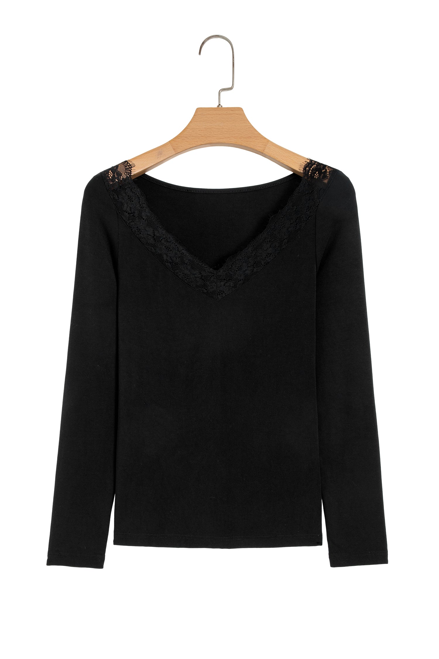 Lace Trim Elegant Neckline Long Sleeve Slim Top – Black