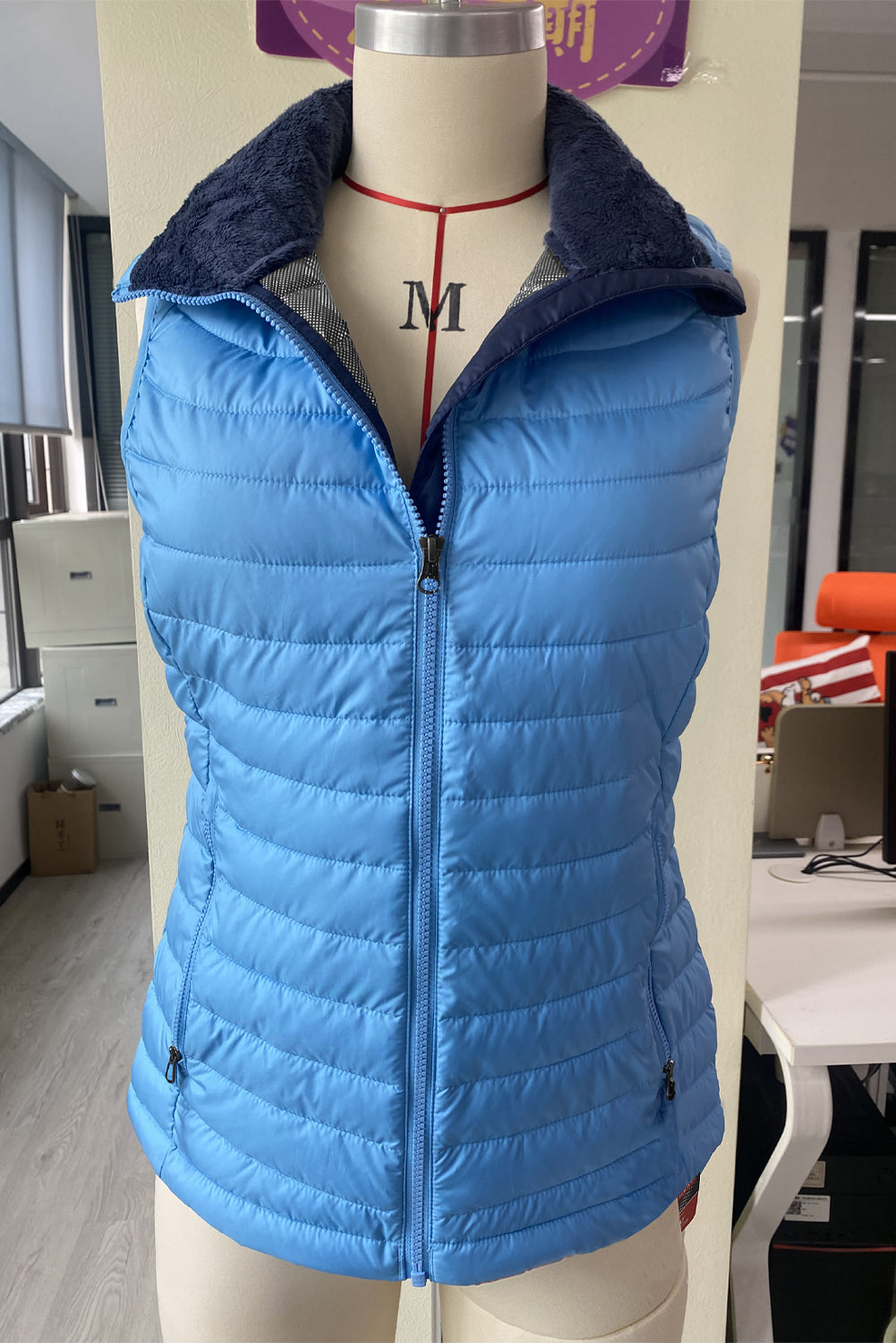 Sky Blue Plush Collared Quilted Zipped Puffer Vest - eAura