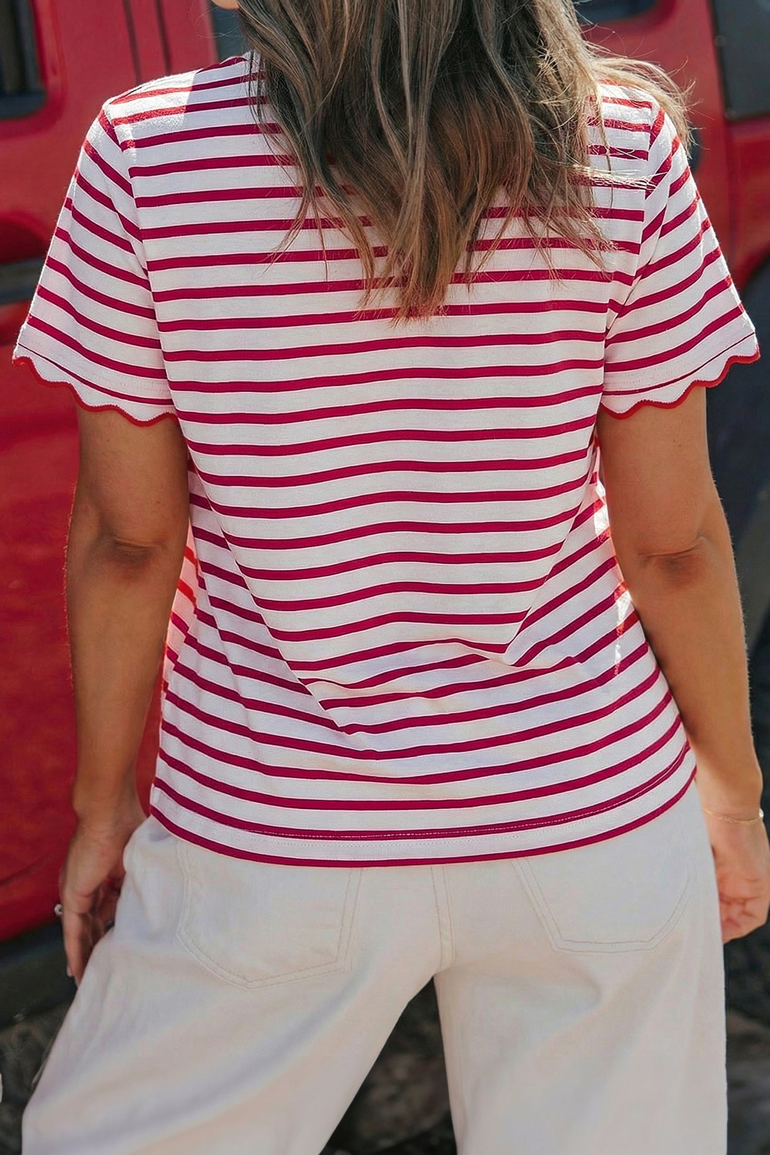 Stripe Scalloped Trim Round Neck T-Shirt