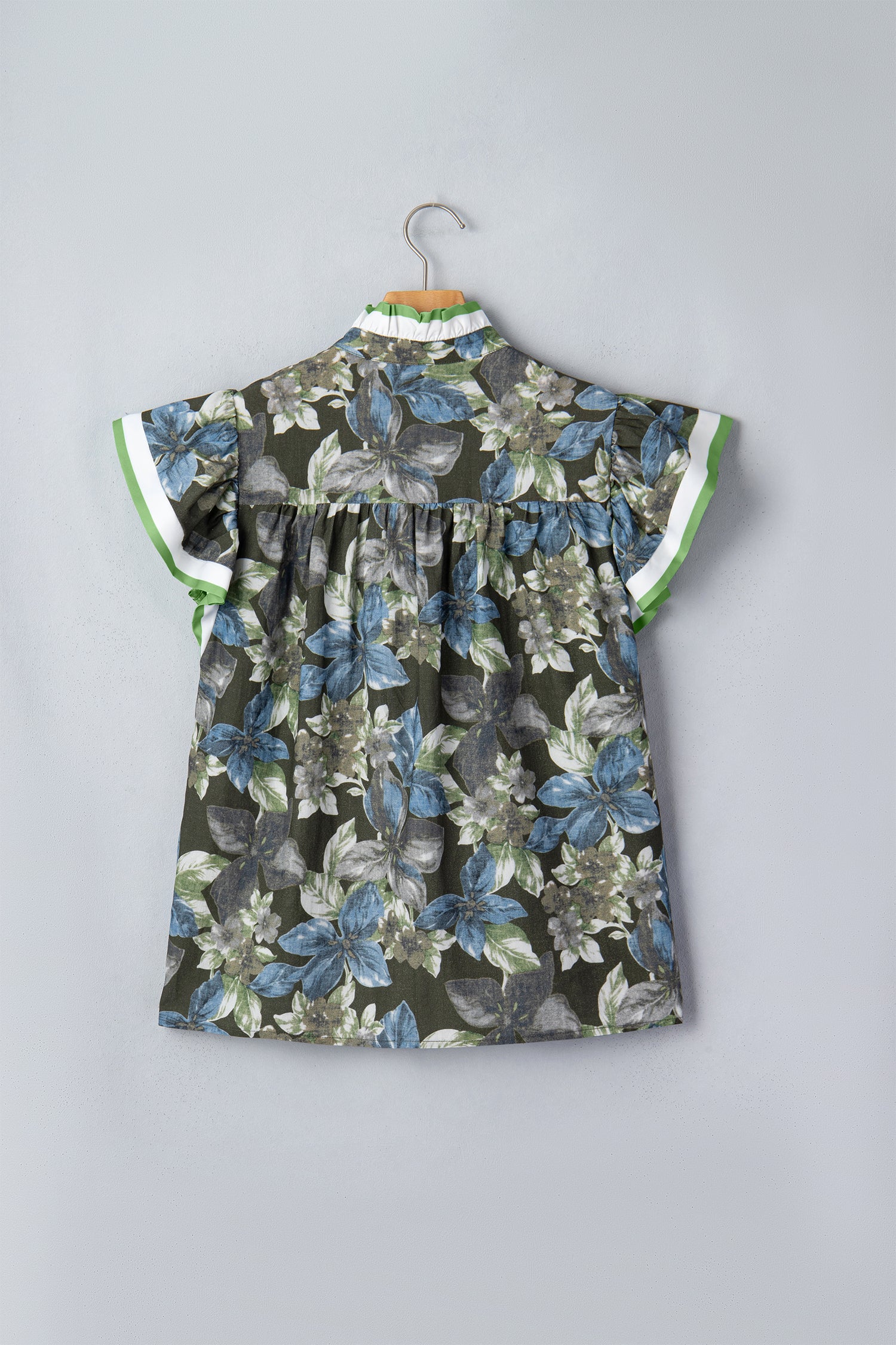 Ruffled Short Sleeve Floral Summer Blouse – Green