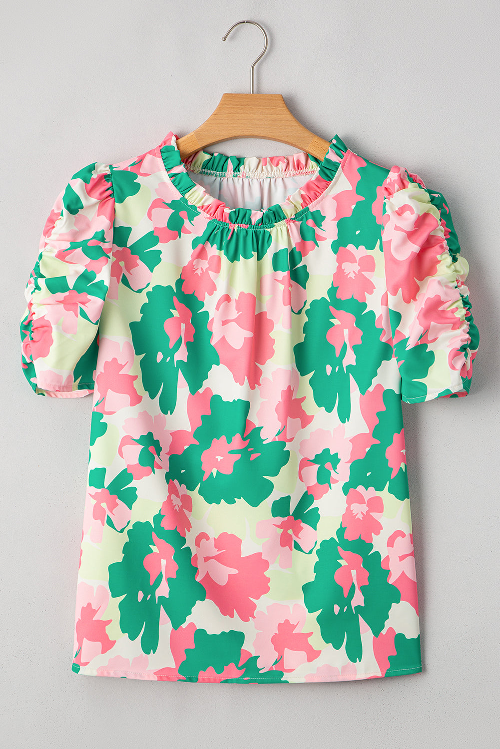 Green Abstract Print Frilly Neck Ruched Short Sleeve Blouse eAura