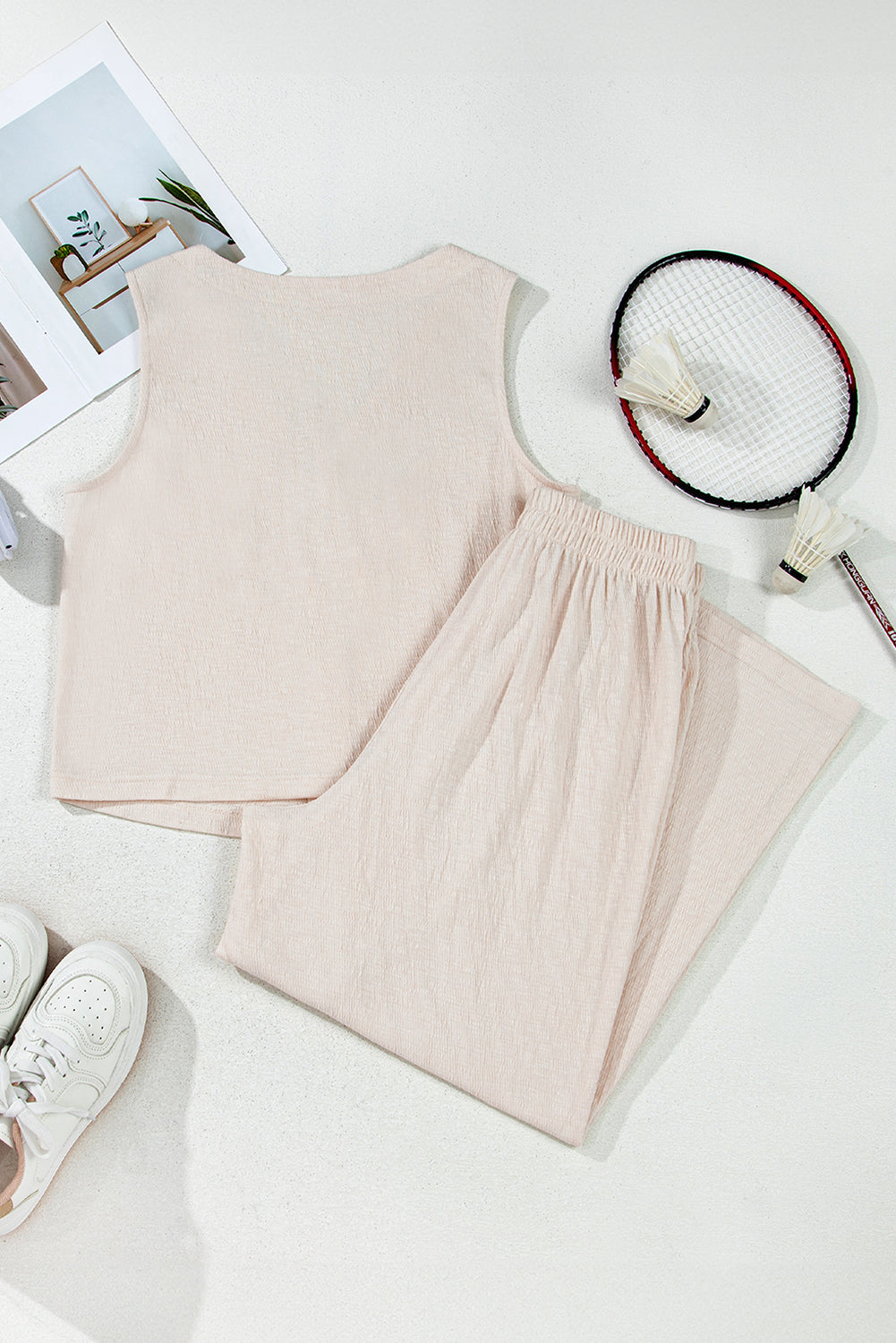 Apricot Buttoned V Neck Tank Top and Wide Leg Trousers Casual Outfit eAura