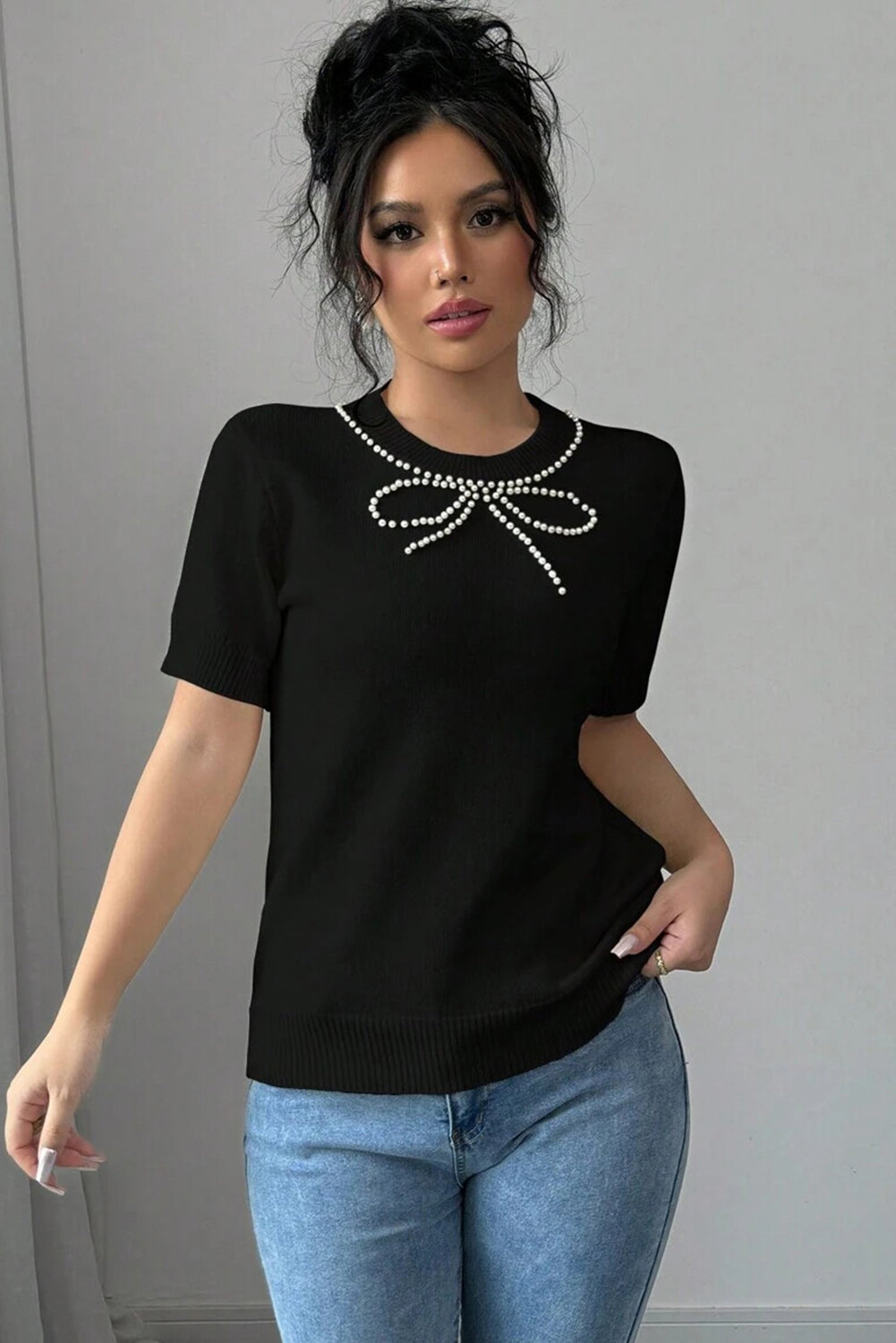 Black Pearl Bow Necklace Embellished Short Sleeve Knitted T Shirt eAura