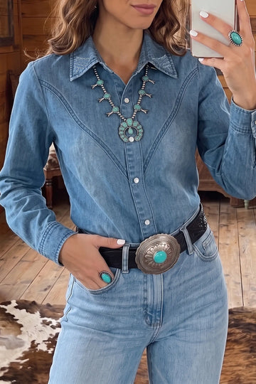 Embroidered Western Detail Long Sleeve Collar Shirt – Blue