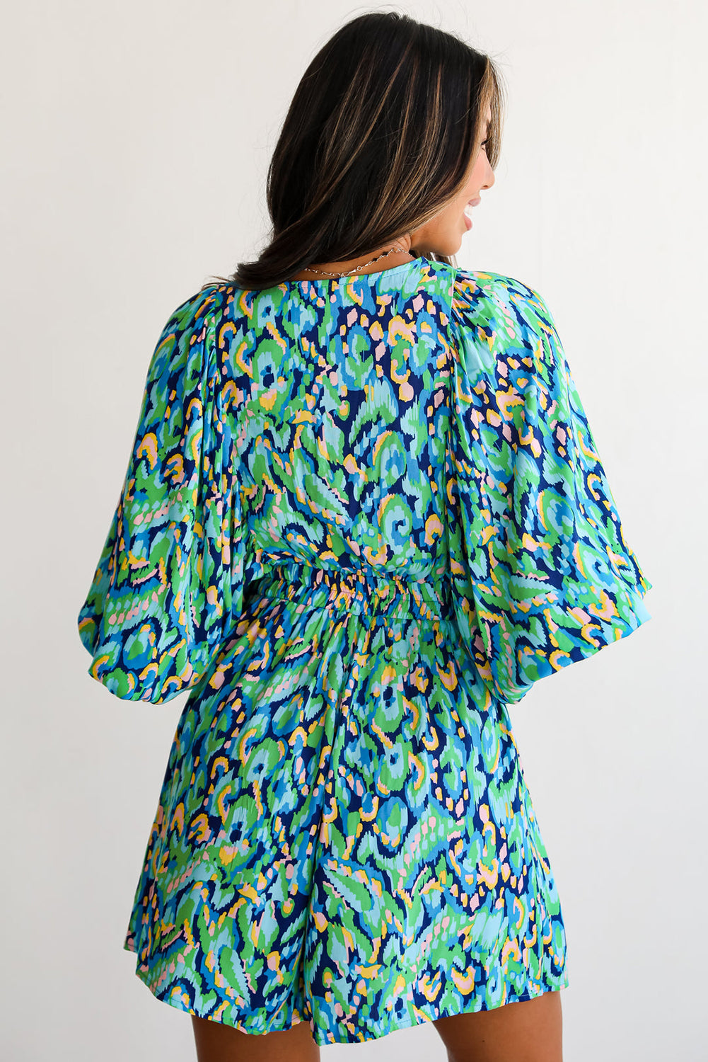 Green Abstract Print Puff Sleeve V Neck High Waist Romper eAura