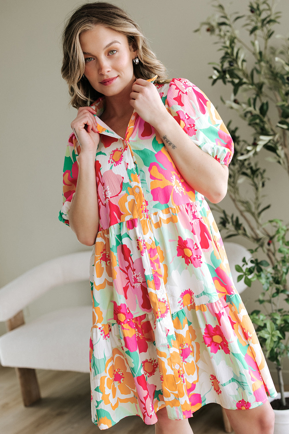 Green Floral Puff Sleeve Collar Buttoned Babydoll Dress eAura