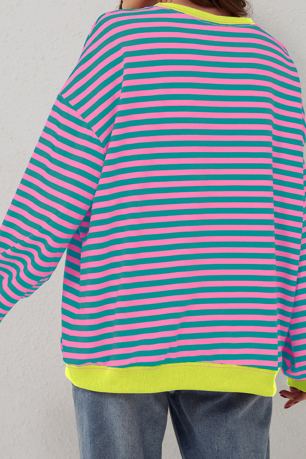 Striped Contrast Ribbed Trim Crossed Stitch Drop Shoulder Sweatshirt - eAura