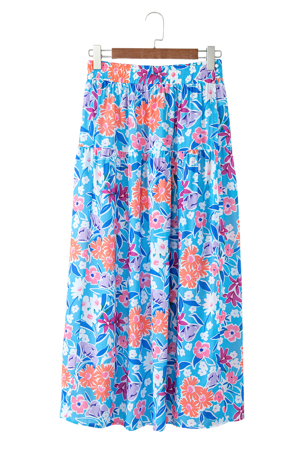 Sky Blue Floral Printed High Waist Split Wrap Long Skirt eAura