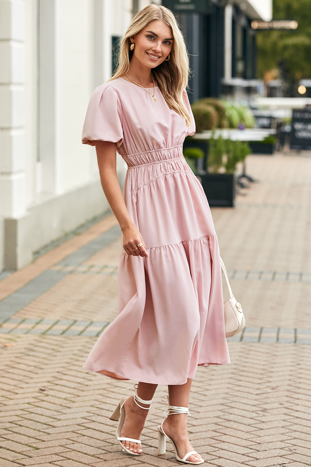 Pink Puff Sleeve Pleated High Waist Flowy Long Dress eAura