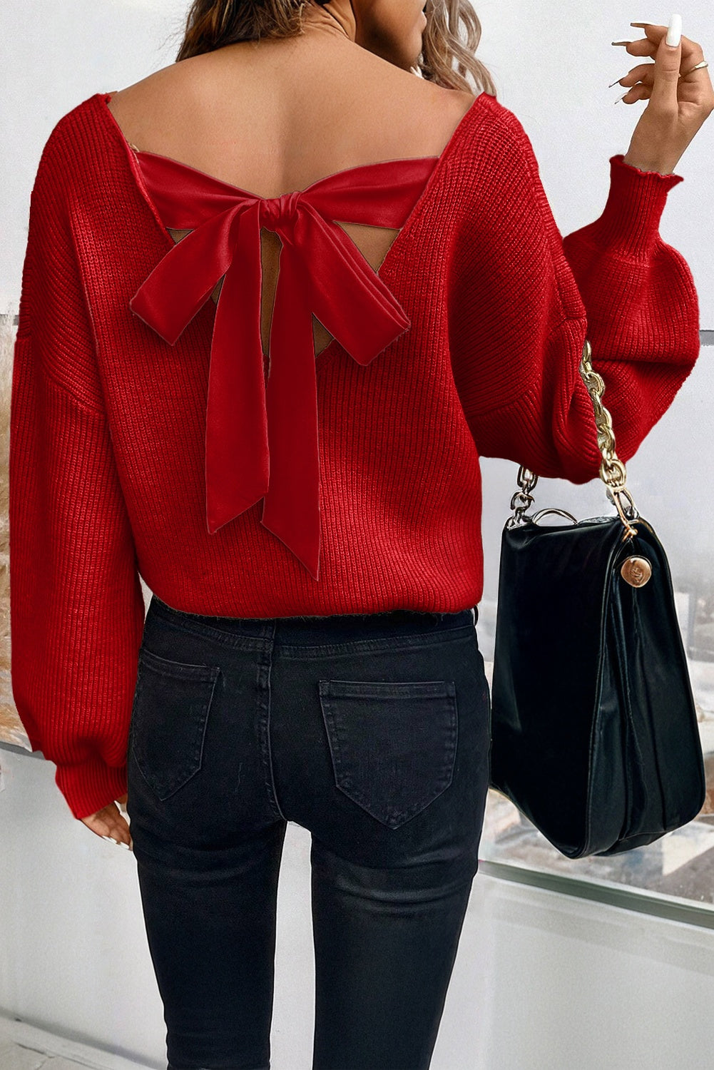 Lantern Sleeve V-Neck Knot Back Sweater eAura