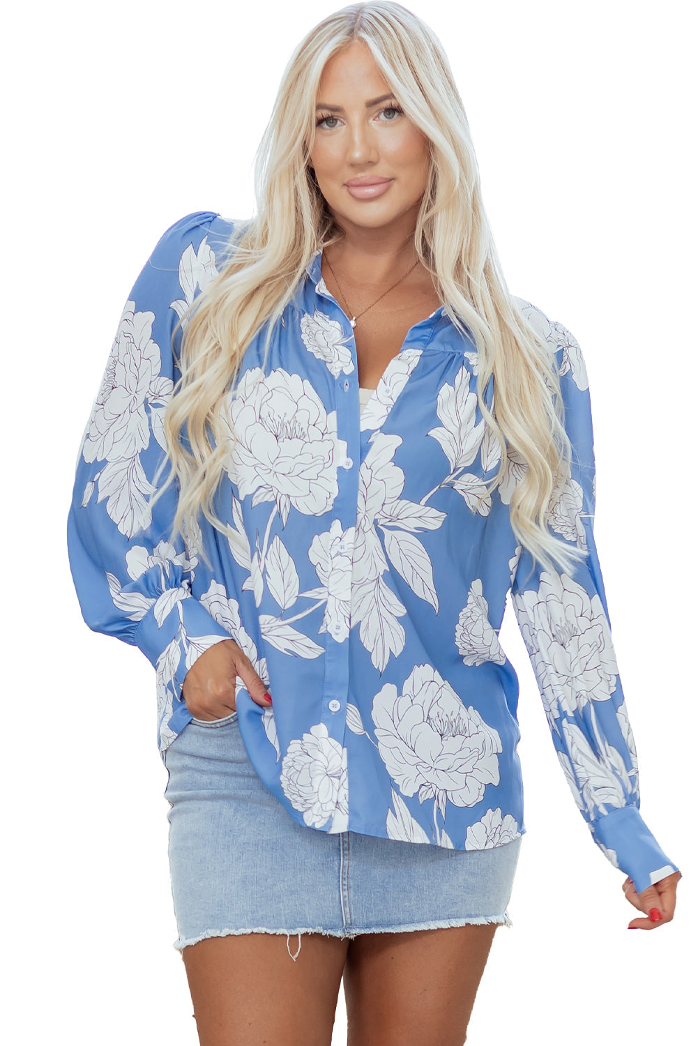Floral Print Button Up Pleated Detail Puff Sleeve Shirt - eAura