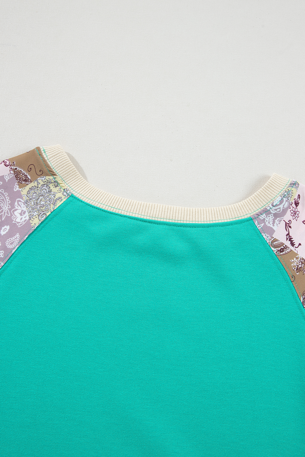 Aruba Blue Plaid Vintage Paisley Patchwork Long Sleeve Raglan Top Beagle Boutique Fashion Outlet