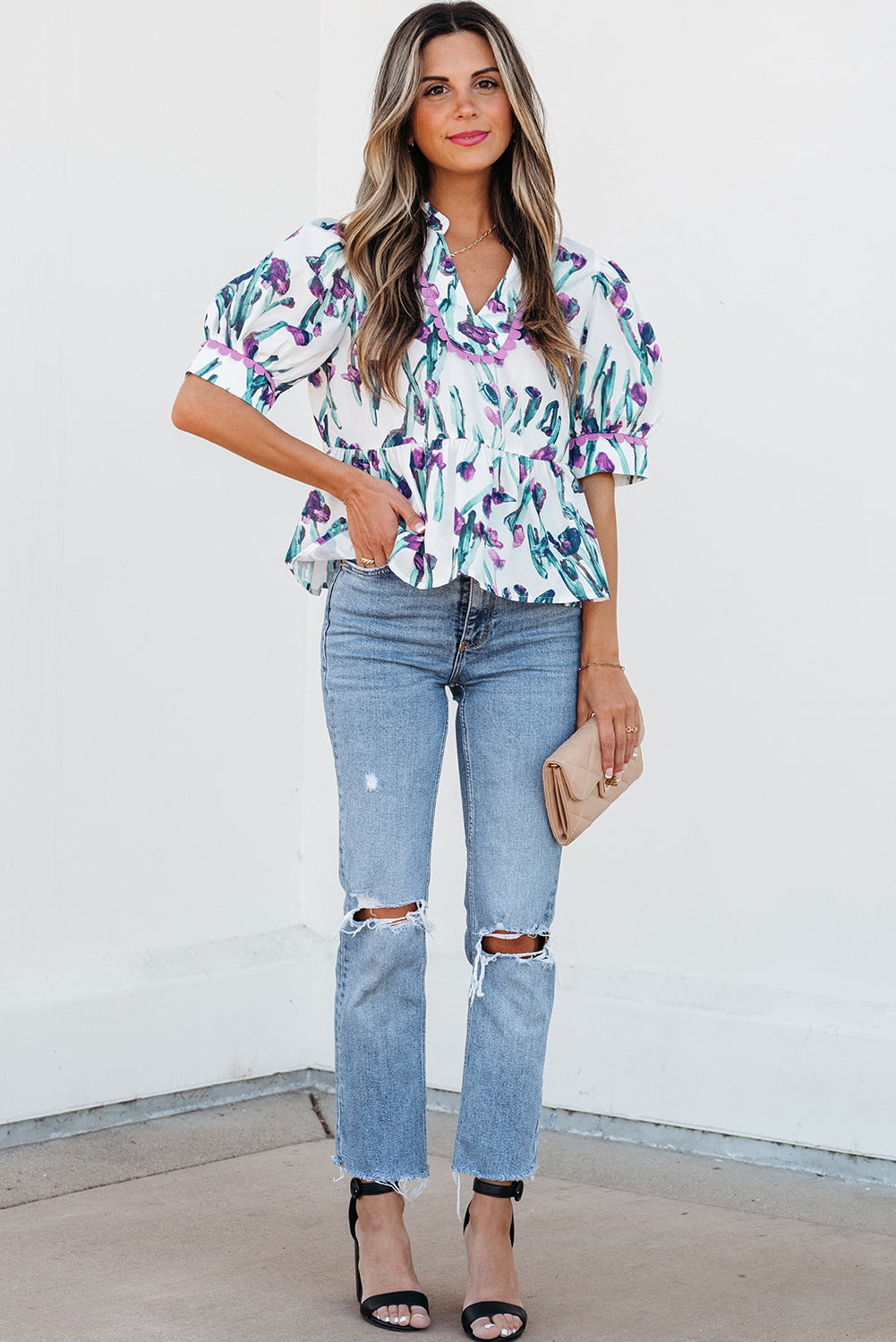 Purple Floral Ricrac Trim Half Sleeve Peplum Top eAura