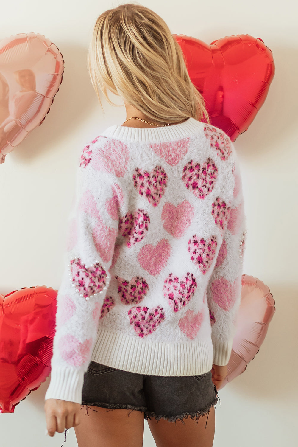 Pink Heart Leopard Print Pearled Ribbed Trim Fuzzy Sweater eAura