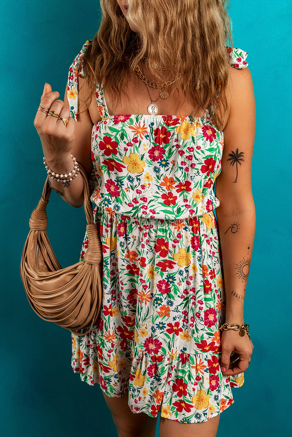 Floral Knotted Straps Cinched Waist Ruffle Hem Mini Dress eAura