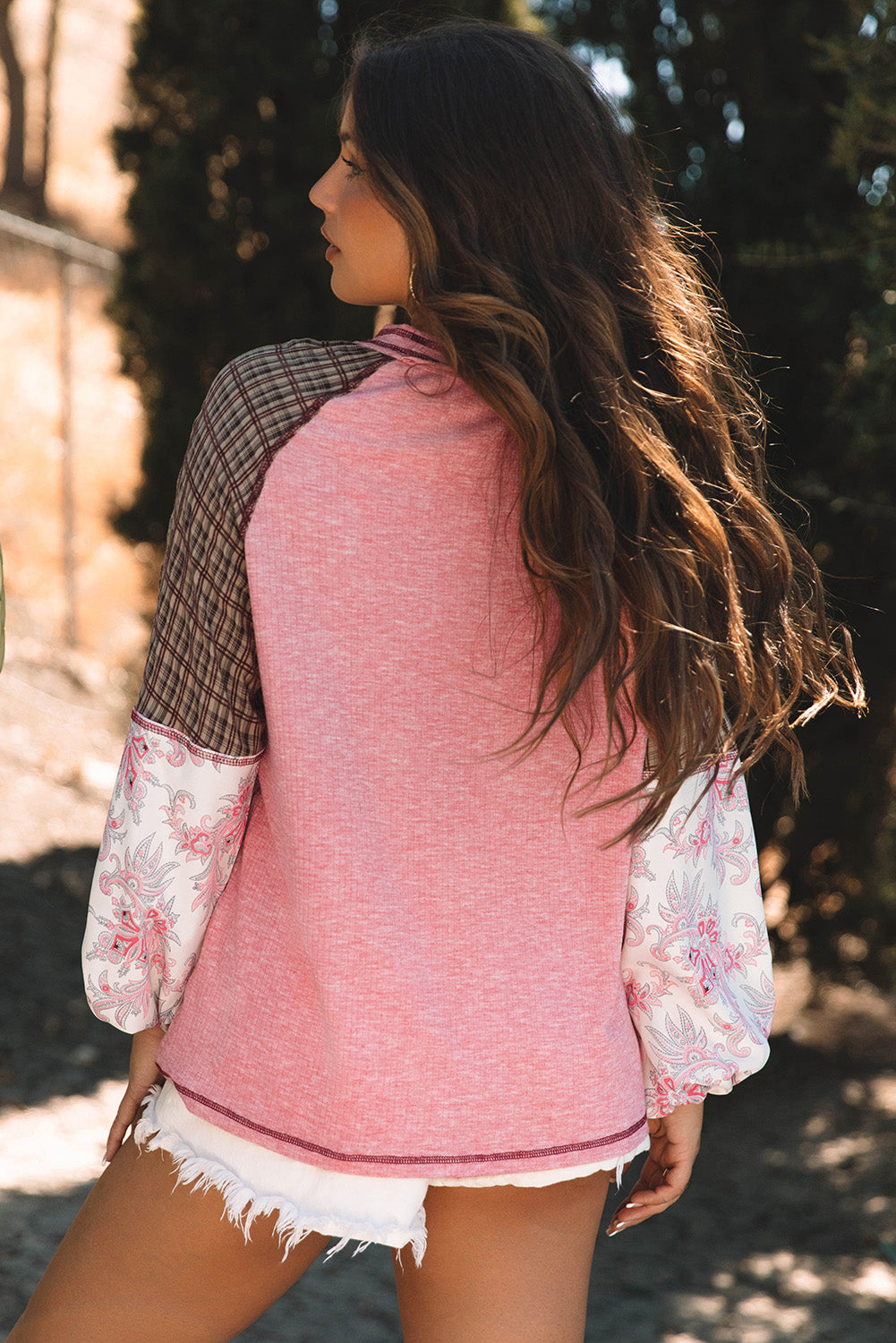 Fushia Mixed Print Patchwork Raglan Ribbed Knit Top eAura