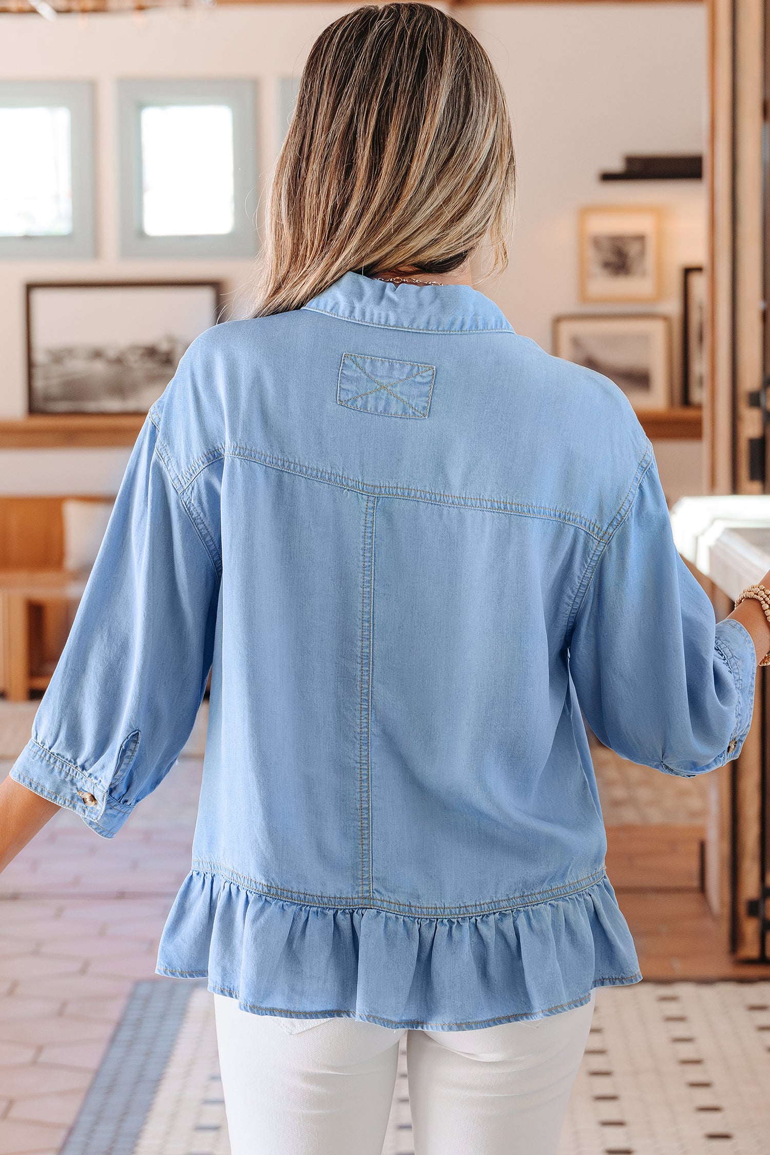 Half Sleeve Button-Down Ruffle Hem High-Low Chambray Shirt – Blue