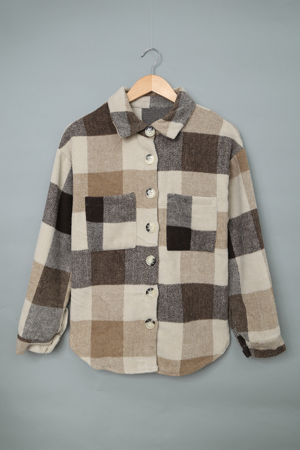 Khaki Plaid Colour Block Buttoned Long Sleeve Jacket with Pocket Beagle Boutique Fashion Outlet