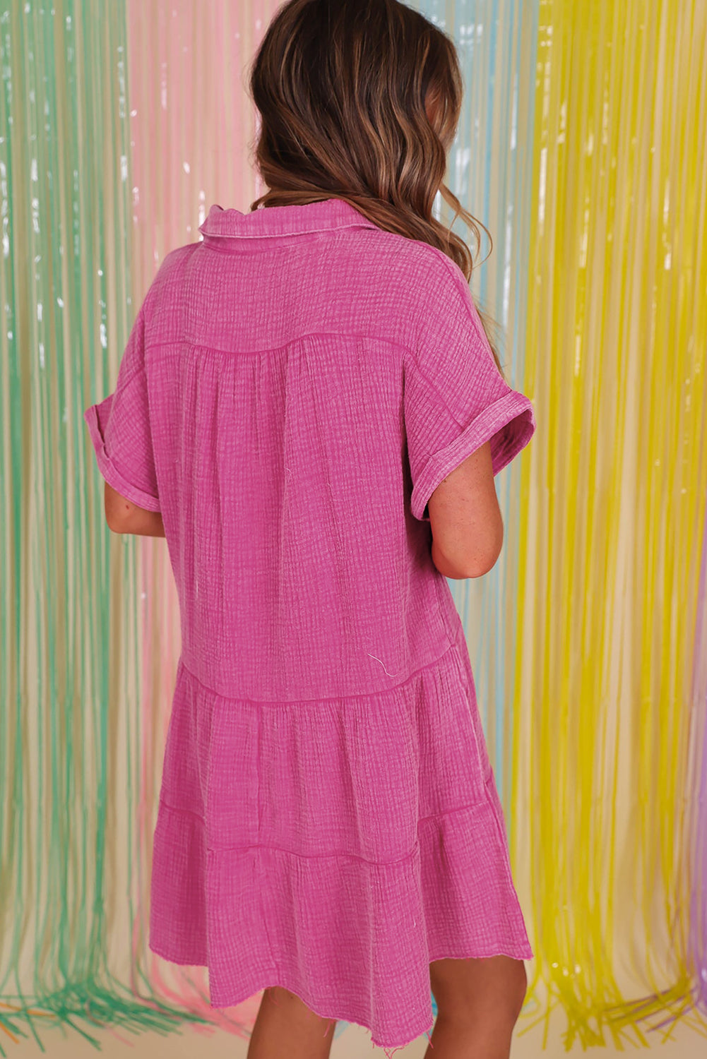 Strawberry Pink Mineral Wash Crinkle Split Neck Raw Hem Tiered Dress eAura