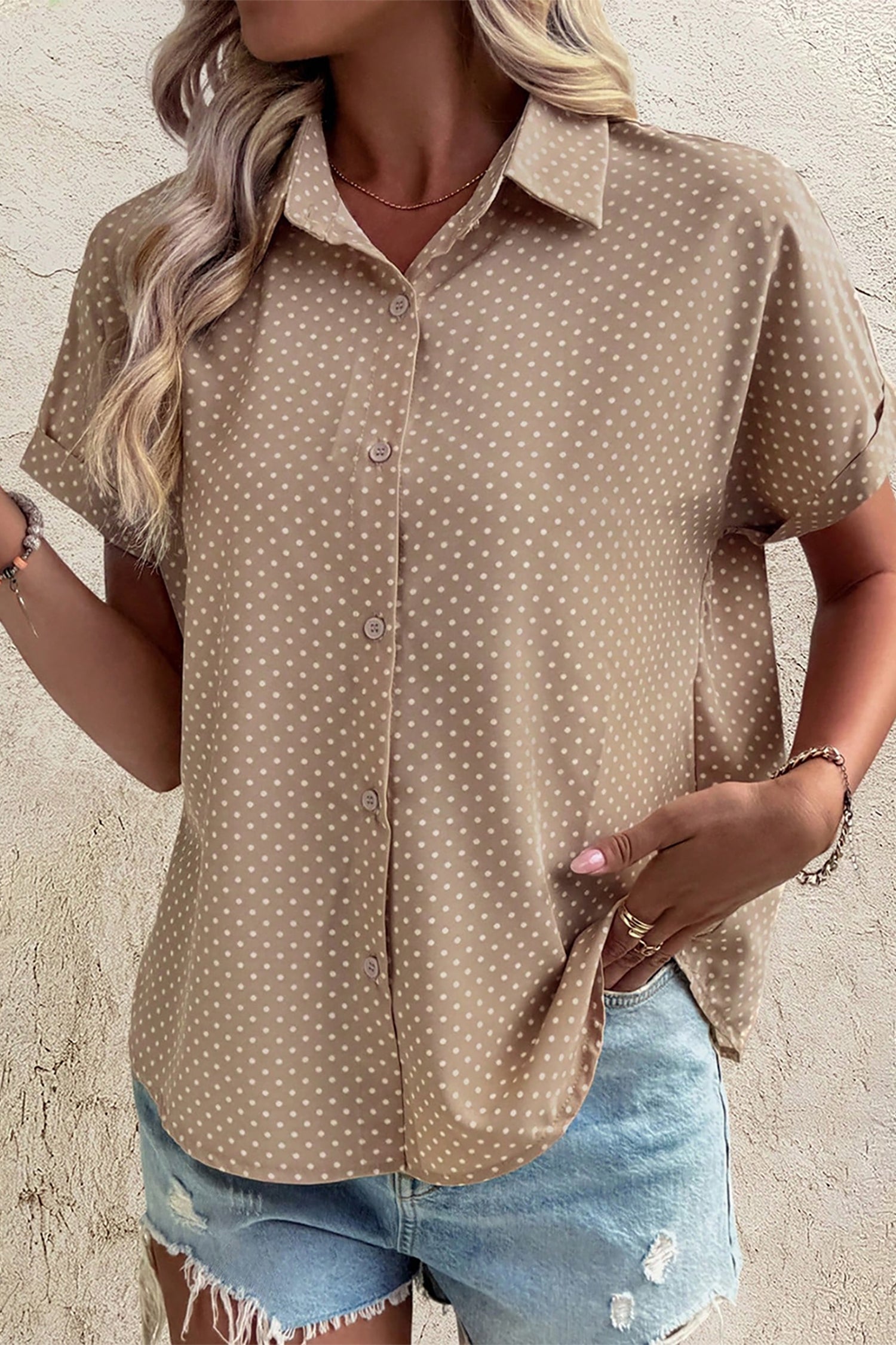 Dotted Print Cuffed Short Sleeve Shirt