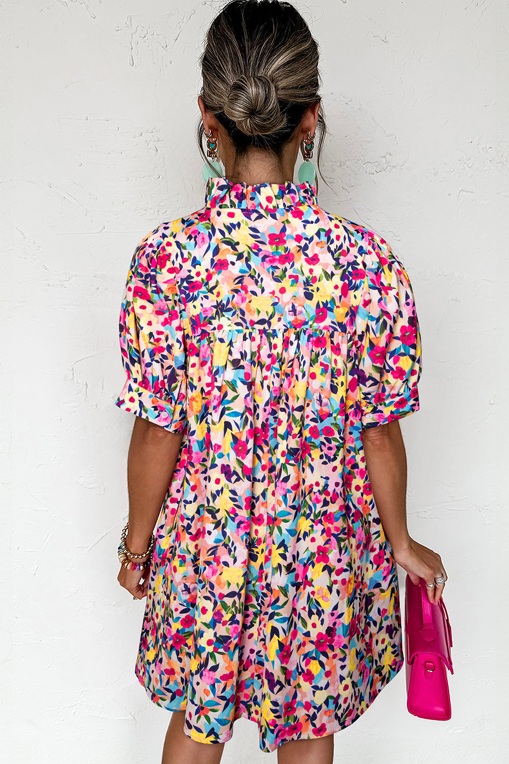 Pink Floral Puff Short Sleeve V Neck Mini Dress Dear-Lover Dropshipping
