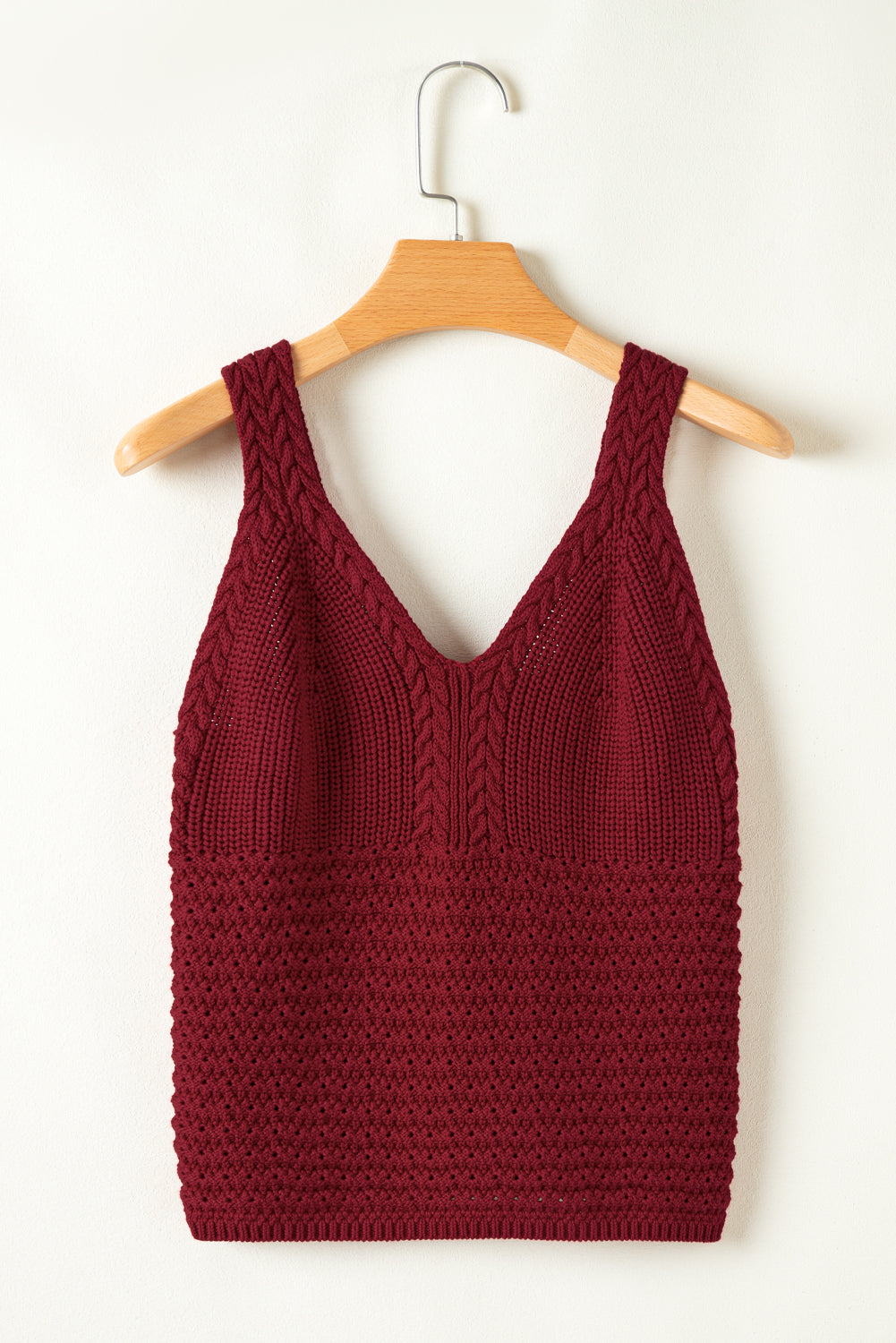 Burgundy Cable Knit Pointelle Slim Fit V Neck Sweater Vest eAura