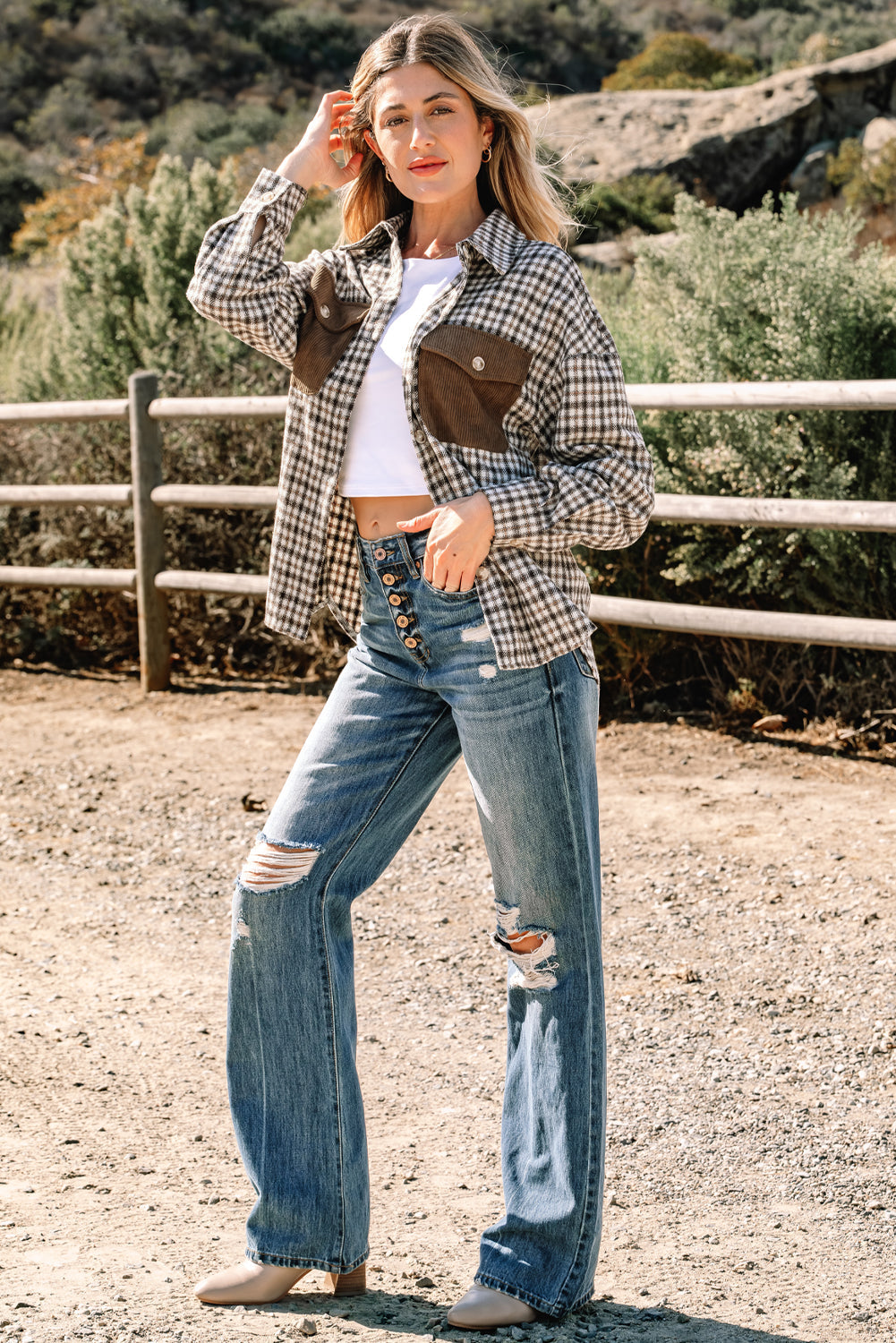 Casual Contrast Soft Corduroy Patchwork Plaid Shacket - eAura