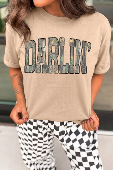 DARLIN Camo Letter Print Crewneck T Shirt – Khaki