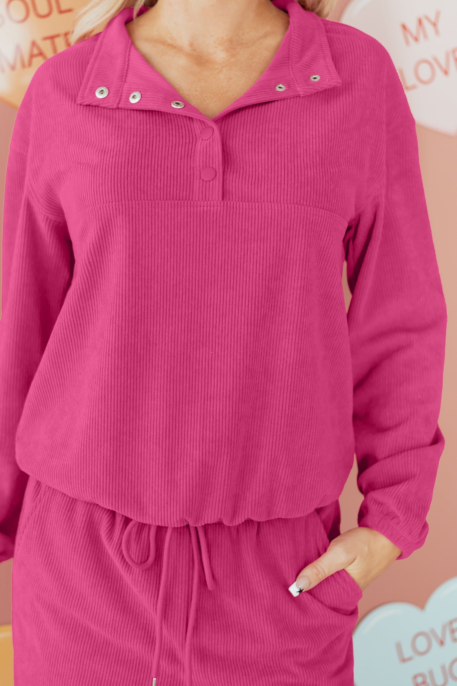 Half Button Pullover Drawstring Trousers Soft Corduroy Co-ord 2pcs Outfit - eAura