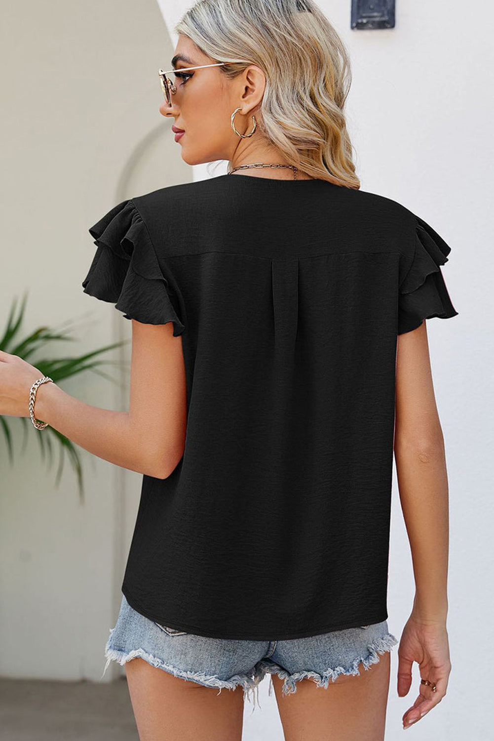 Black V Neck Ruffle Short Sleeve Blouse eAura
