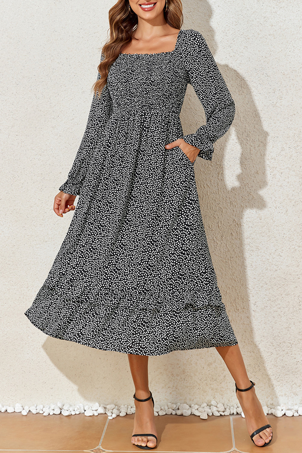 Black Floral Printed Long Sleeve Square Neck Midi Dress eAura