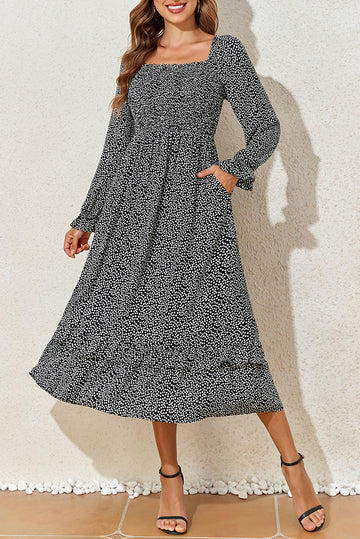 Black Floral Printed Long Sleeve Square Neck Midi Dress eAura