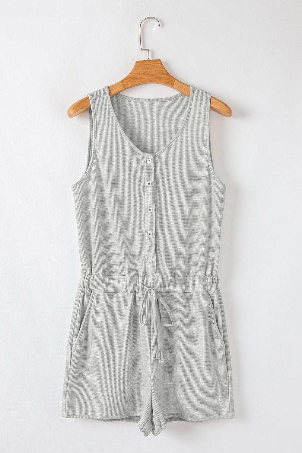 Light Grey Waffle Knit Sleeveless Buttoned Front Drawstring Waist Romper eAura