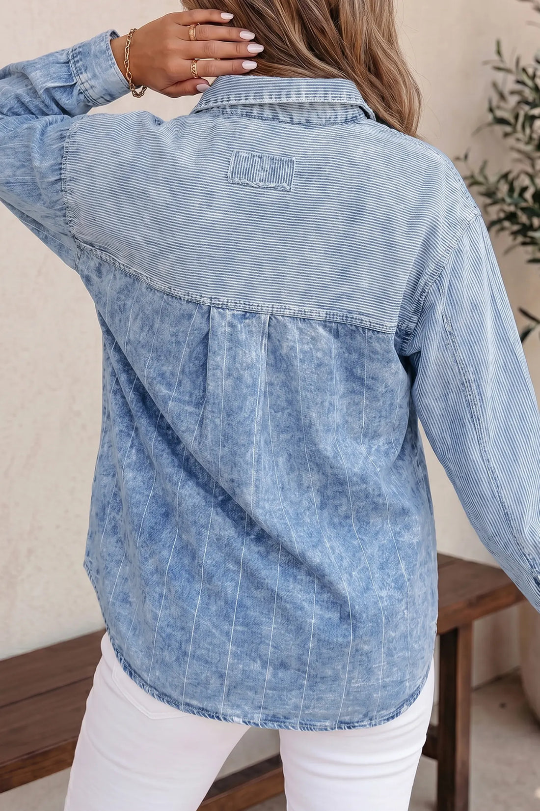 Vintage Washed Denim Colour Block Long Sleeve Shirt – Sky Blue Stripe